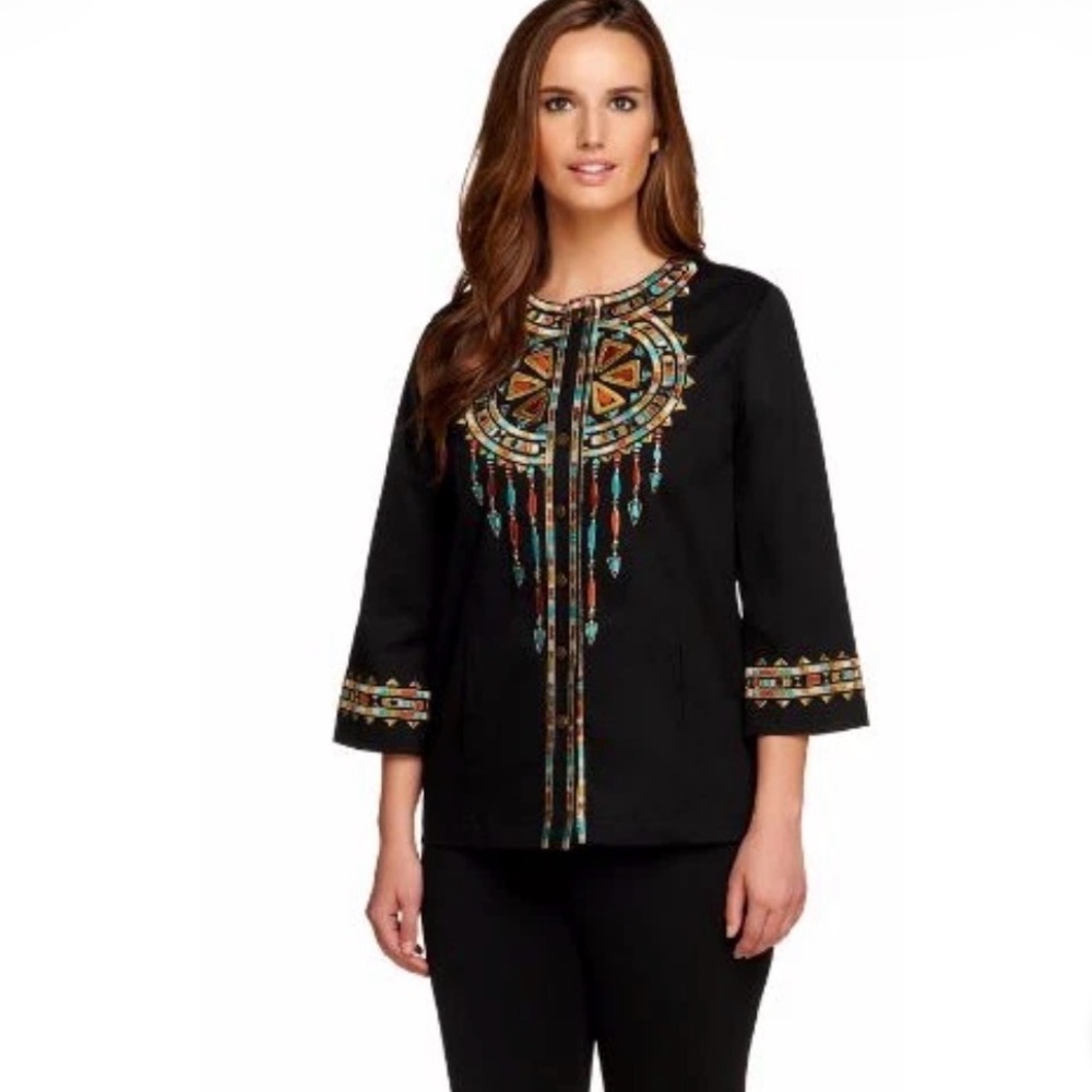 Bob Mackie Black Jacket Size 2X Wearable Art Embroidered 3/4 Sleeve SOUTHWEST - Picture 2 of 13